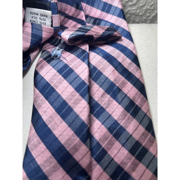 Pink Blue Plaid Silk Linen Necktie Men's Tie‎ Office Preppy 3.5 inches - Picture 3 of 5